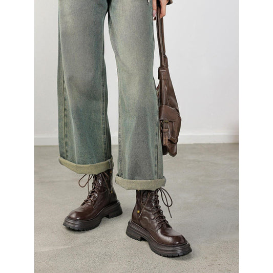 Women's Beautiful Sheepskin Thick Bottom British Style Women's Leather Boots