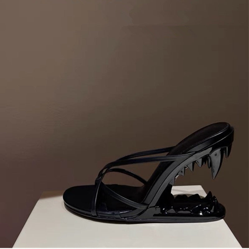 Metal Giant Tooth Tiger Abnormal Shape Open Toe Heels