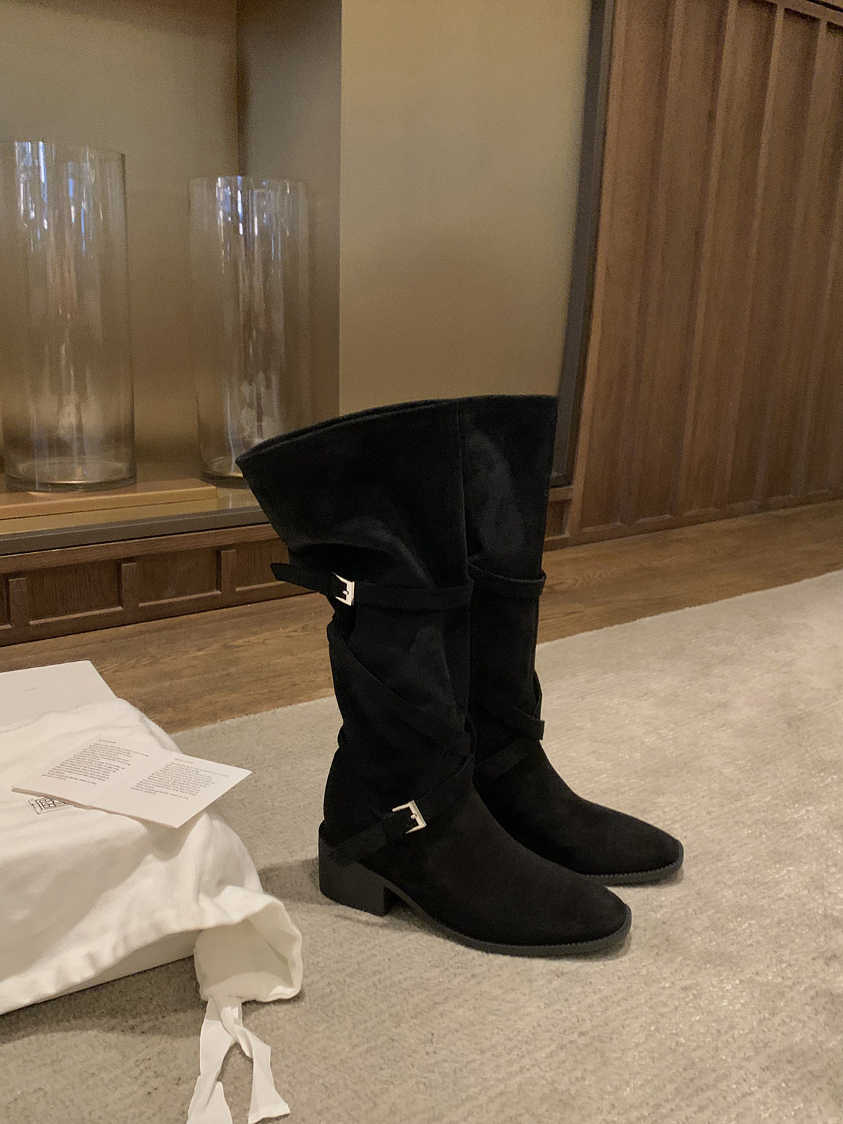 Women's Mom High Pile Style Cross Buckle Strap Tube Knee-high Knight Boots