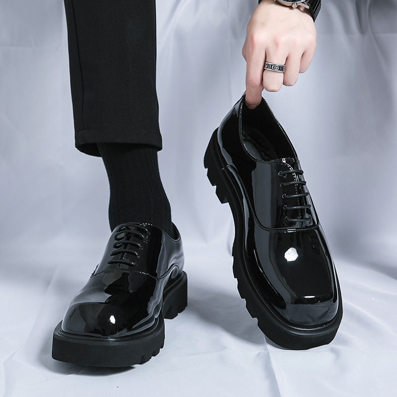 Men's High-grade Platform Korean Niche Design Black Summer Tide Increased Men's Casual Leather Shoes