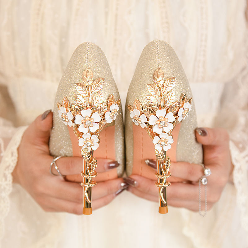 Entry Lux French Pointed Stiletto Satin High Sexy Flowers Design Heels