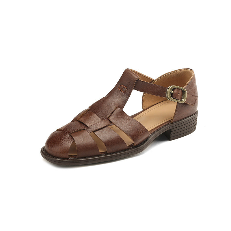 First Layer Cowhide Round Toe Low French Retro Roman Hollowed Flat Sandals