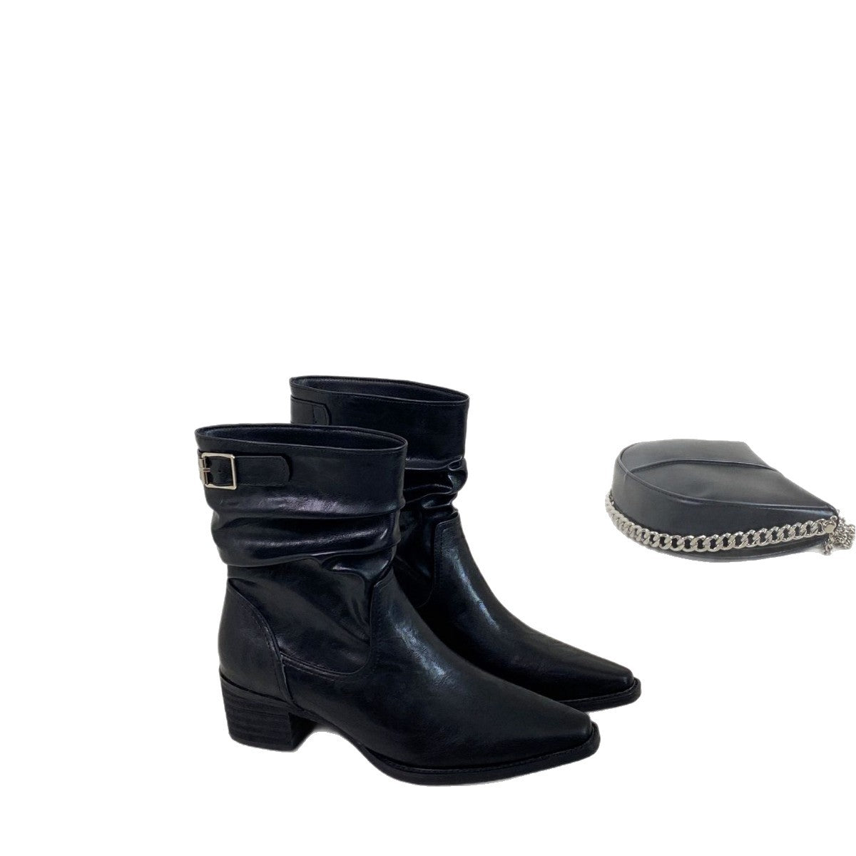 Women's High Short Slim Pile Style Chunky Women's Leather Boots