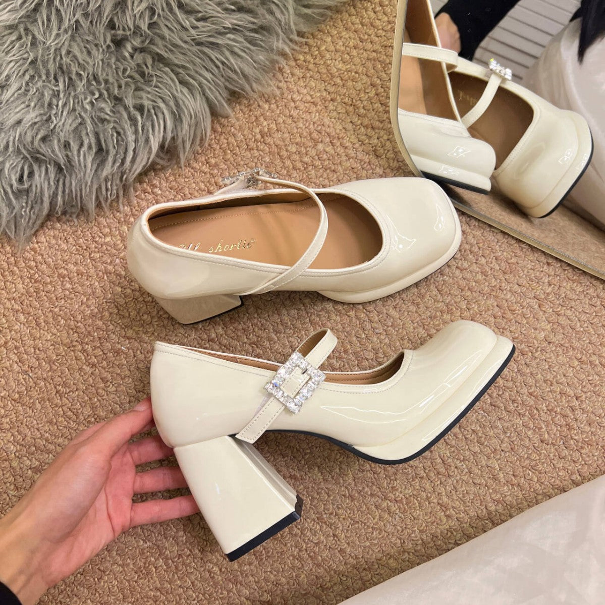 Women's Style Rhinestones Strap Mary Jane Spring Chunky High Patent Women's Fashion Shoes