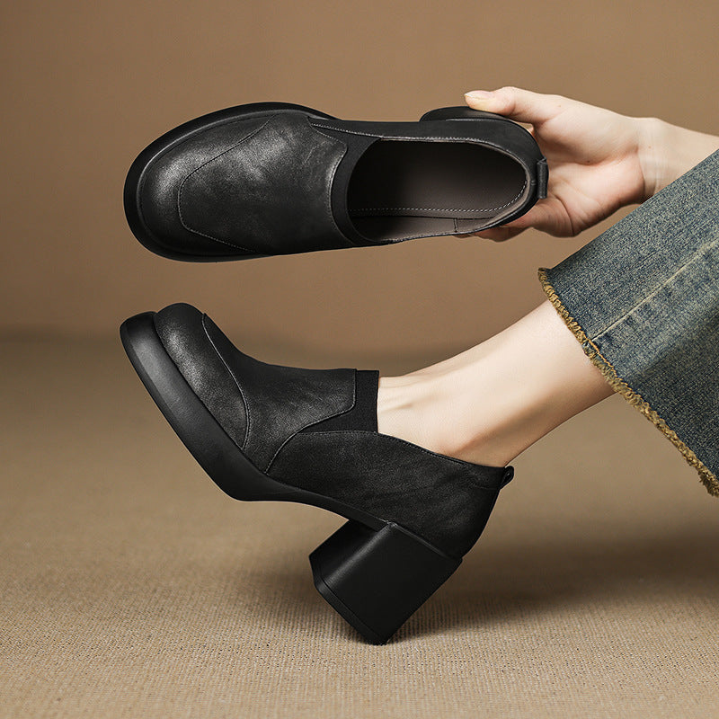 Women's Deep Mouth Pumps Thick Bottom Round Toe High Genuine Women's Fashion Shoes