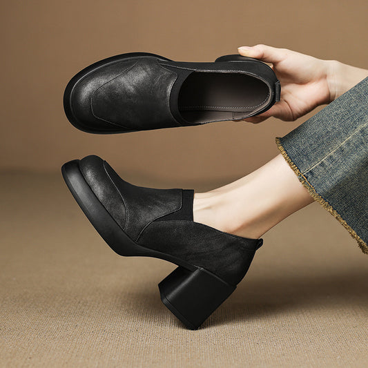 Women's Deep Mouth Pumps Thick Bottom Round Toe High Genuine Women's Fashion Shoes