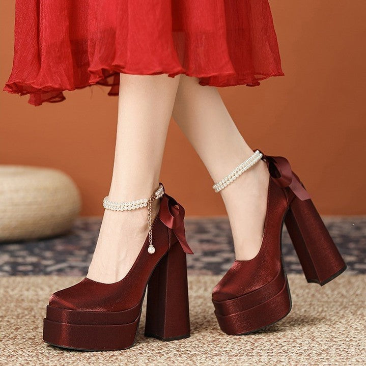 Red Super High Chunky Satin Wedding Dress Women's Fashion Shoes