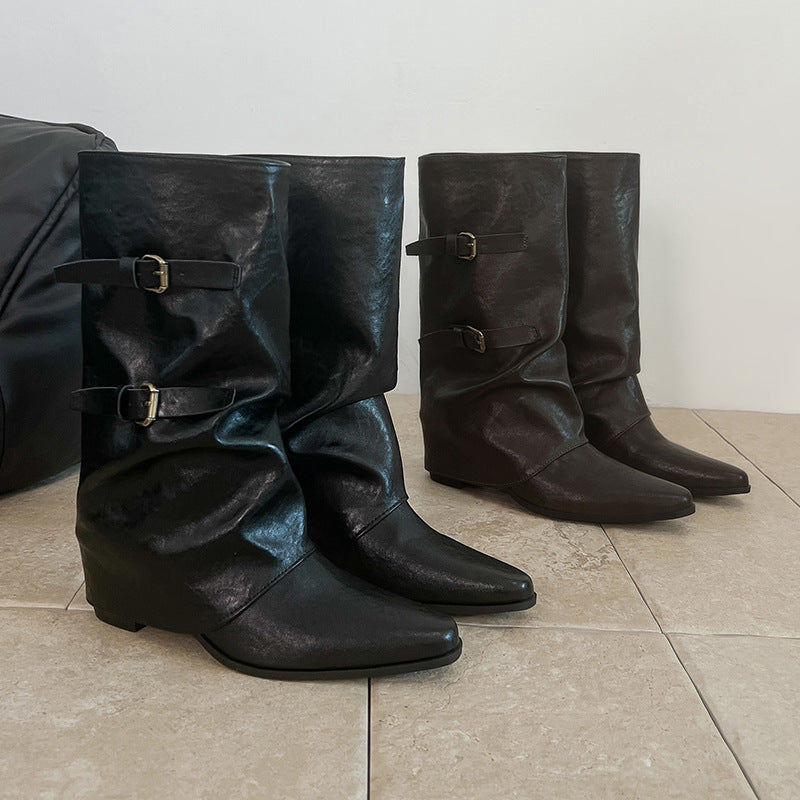 Fashionable Pointed Toe Mid Pants Belt Buckle Western Cowboy Middle Women's Leather Boots
