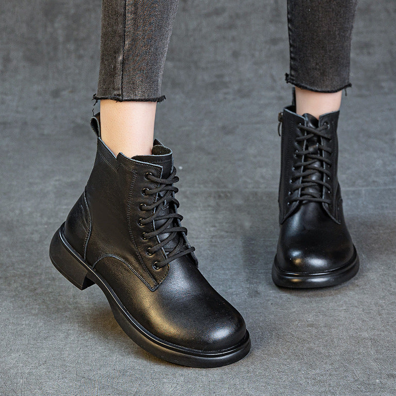 Women's First Layer Cowhide British Style Vintage Martin Fleece-lined Thick Boots