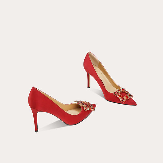 Pointed Toe Pumps Square Buckle Rhinestone Wedding Bride Main Yarn Women's Fashion Shoes