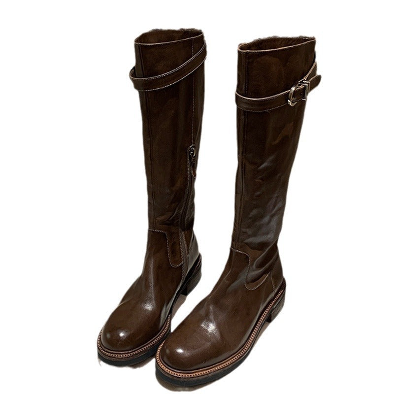 Women's Washed Horse Round Head Belt Buckle Women's Leather Boots
