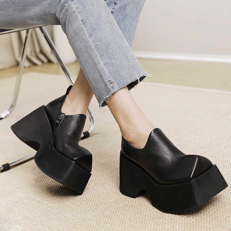 Retro Square Head Solid Color Genuine Platform Female Women's Fashion Shoes