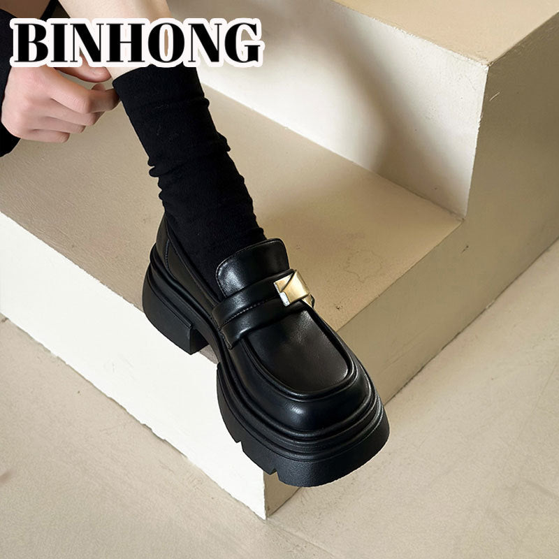 Women's Platform Spring Slip-on Pumps Height Increasing Leather Shoes