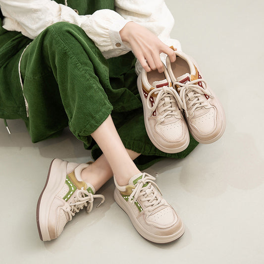 Women's Layer Cowhide Retro Pumps Round Head Front Trendy Women's Casual Shoes