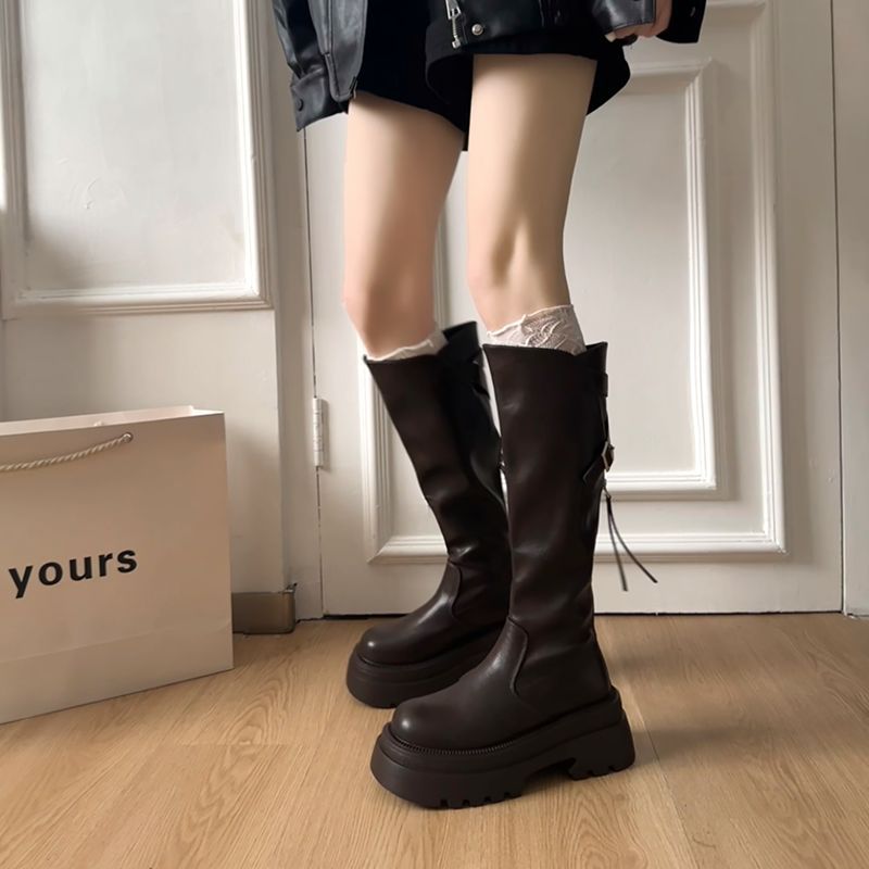 Small Thick Leg Slimming Bottom Female Belt Buckle Retro High Women's Leather Boots