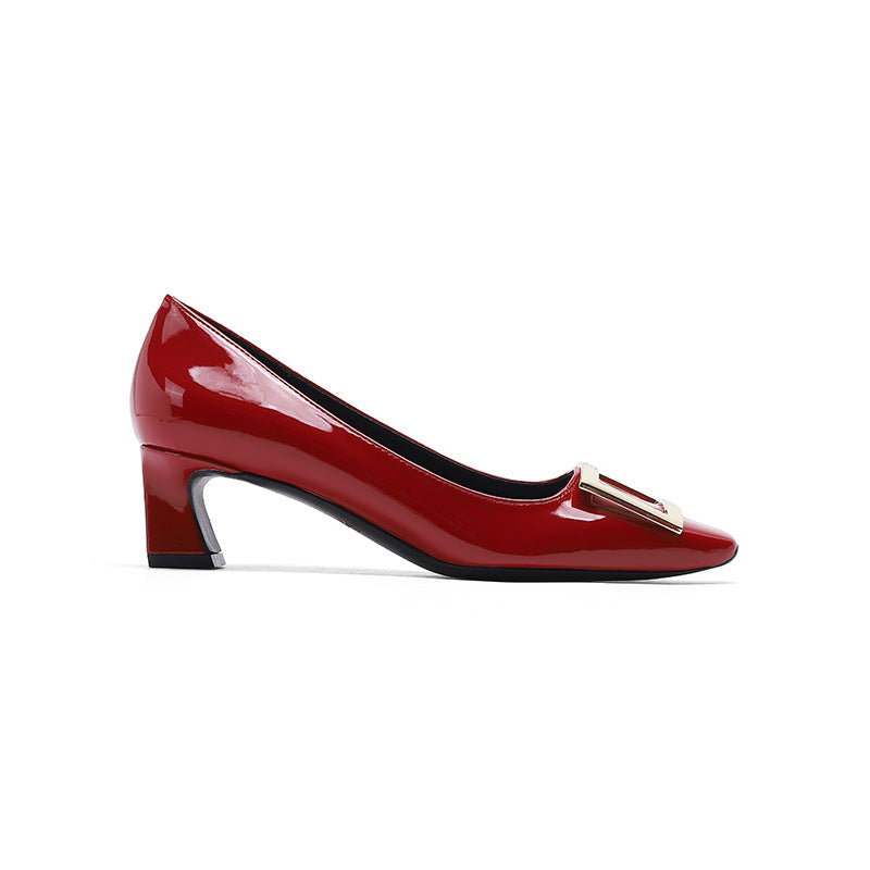 Women's Spring Patent Square Buckle Chunky Mid Women's Casual Shoes