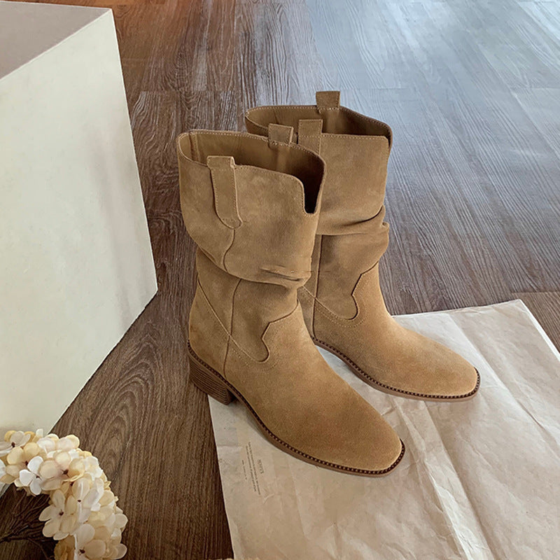 Women's Grape Mom Height Increasing Korean Round Toe V Cut Thick Women's Leather Boots