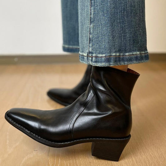 Women's Washed Cowhide Super Comfortable Short Thick Thin Square Toe Boots