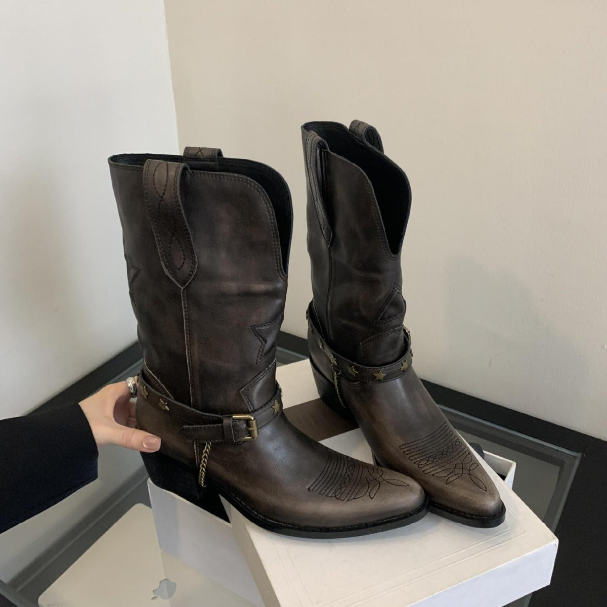 Women's Vintage Western Cowboy Sleeve Genuine Long Brown Knight Women's Leather Boots
