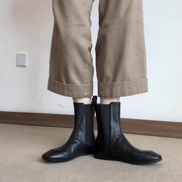 Women's Cowhide Version Retro Easy Matching Flat Bottom Comfort Round Women's Leather Boots