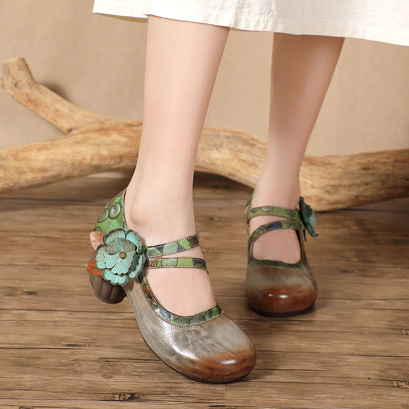 Women's High First Layer Cowhide Round Head Little Flower Toe Women's Fashion Shoes