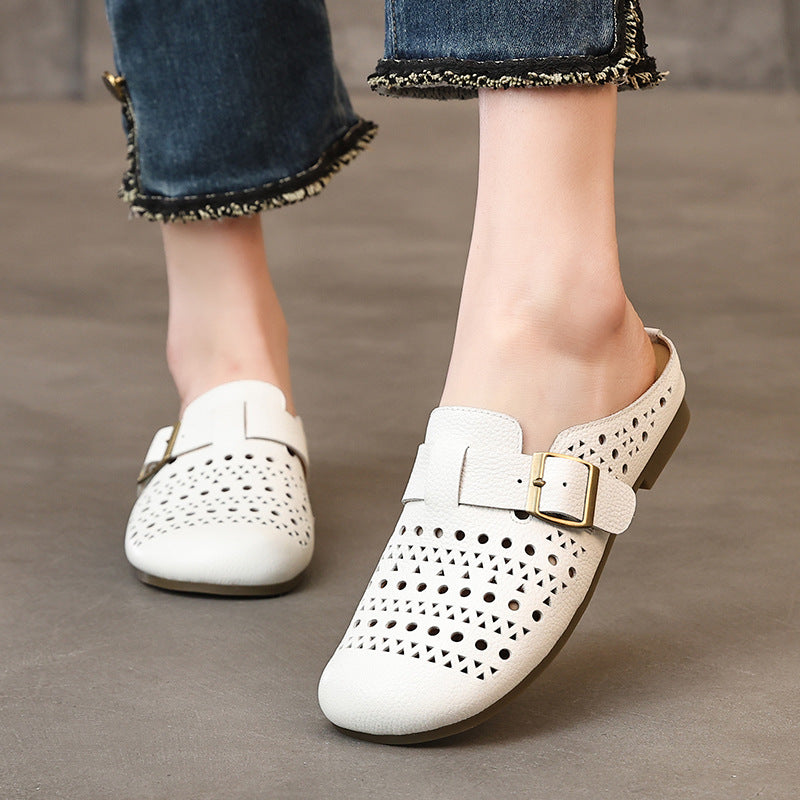 Women's First Layer Cowhide Flat Soft Bottom Breathable Summer Hole Genuine Women's Casual Shoes