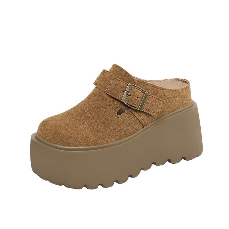 Women's Increasing Insole Closed Toe Half Fleece-lined Platform Slip-on Thick-soles Slippers