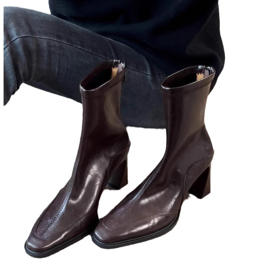 Skinny Square Toe Chunky High Stretch Women's Leather Boots