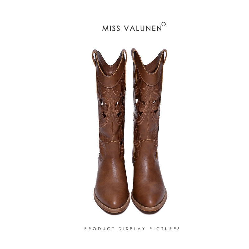 Women's Summer Hollow Out Western Cowboy Vintage Women's Leather Boots