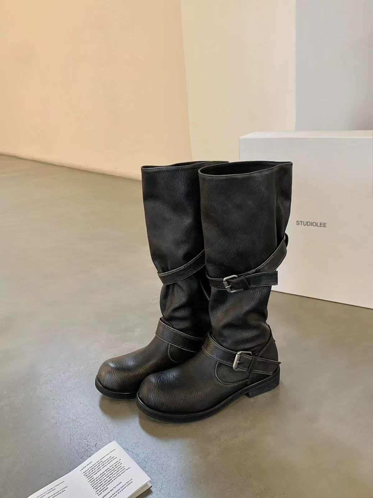 Western Hot Double Belt Buckle Round Toe Pants Tube Thick Women's Leather Boots