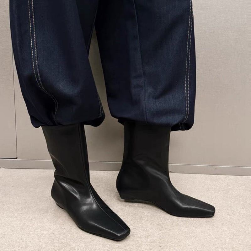 Women's Korean Square Toe Flat Short Fashion Thin Wide Tube Skinny Women's Leather Boots