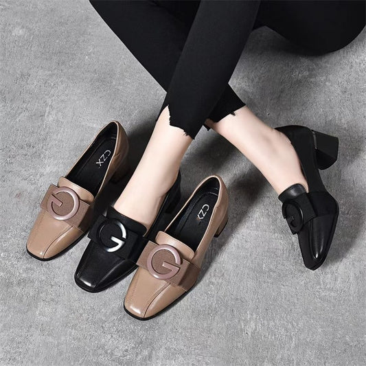 Women's Bottom Pumps Female Mid Chunky British Style Square Leather Shoes