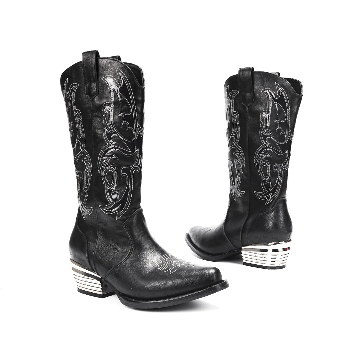 American Size Retro Embroidered Sequins Western Cowboy Chunky Square Toe Women's Leather Boots