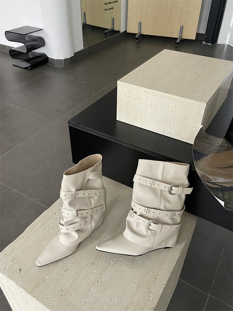 Ankle Fashionable Pointed Toe Wide Tube Slimming Belt Buckle Rivet Boots