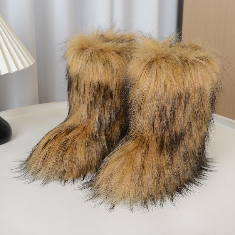 Women's Fur Winter Sleeve Thickened Imitation Raccoon Dog Women's Snow Boots