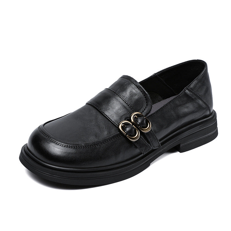 Women's Color First Layer Cowhide Pumps Retro British Style Low Soft Loafers