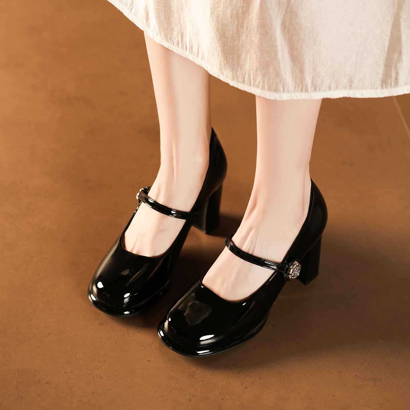Rhinestone Square Buckle Word With Chunky Commuter Heels