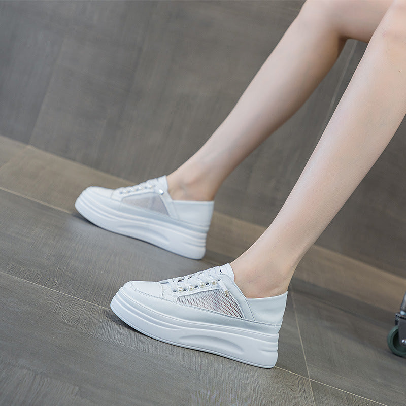 Women's Two-way White Mesh Breathable Lightweight Platform Height Increasing Soft Lace Casual Shoes