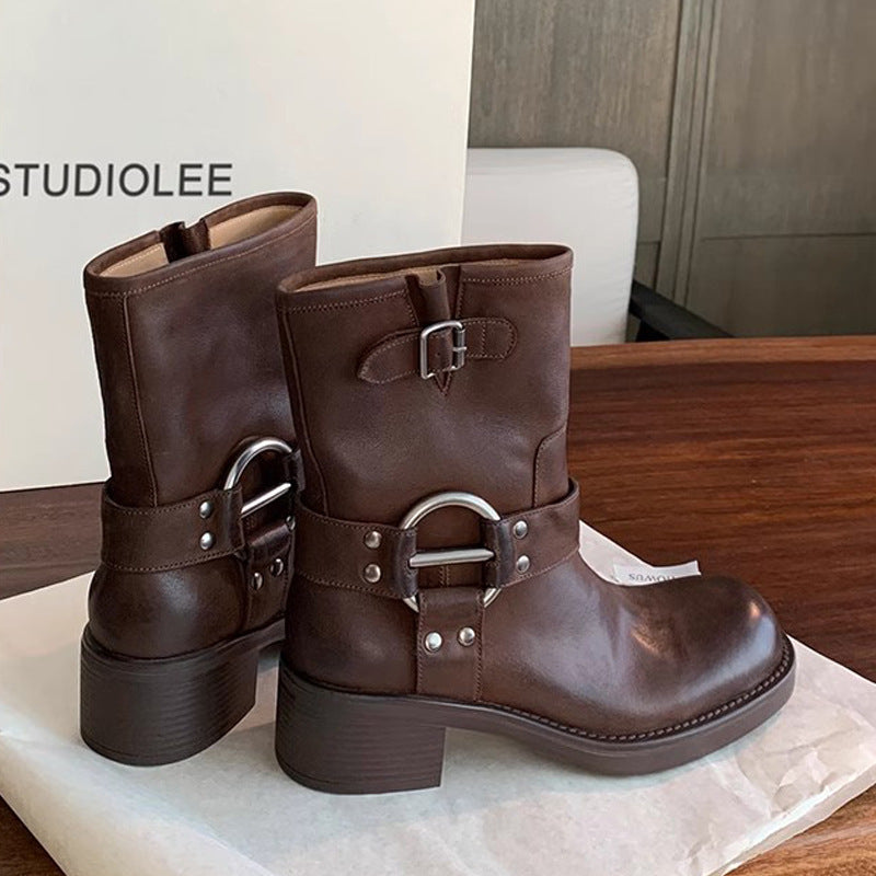 Grape Mom Punk Sweetheart Metal Buckle Round Toe Vintage Boots