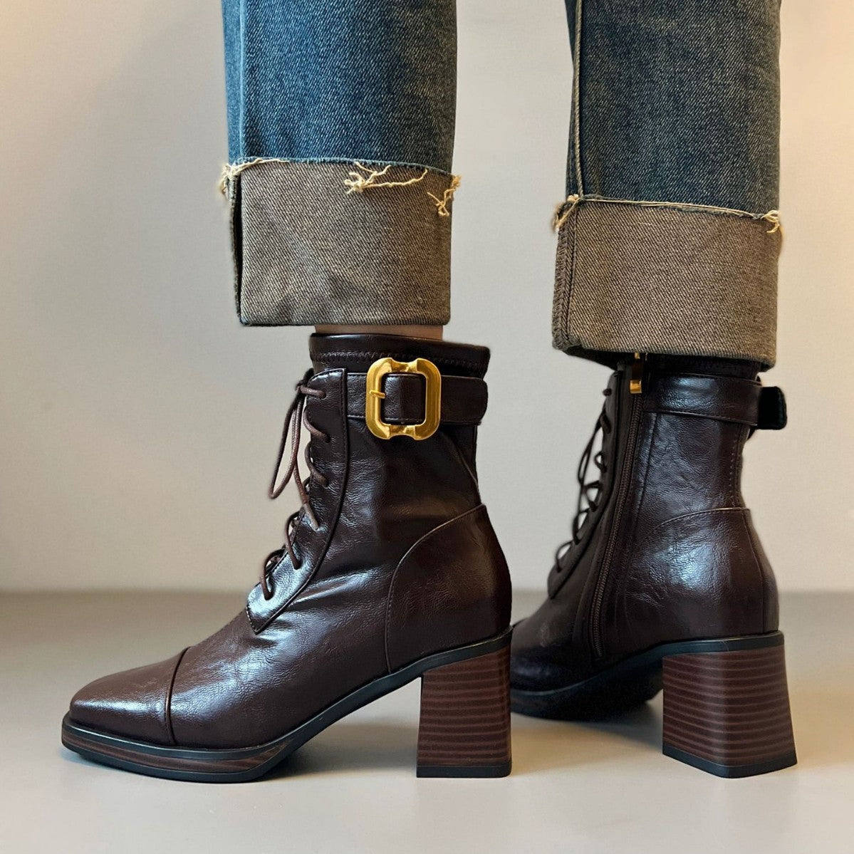 Women's Retro Style Booties High Platform Soft Martin Thick Gold Women's Leather Boots