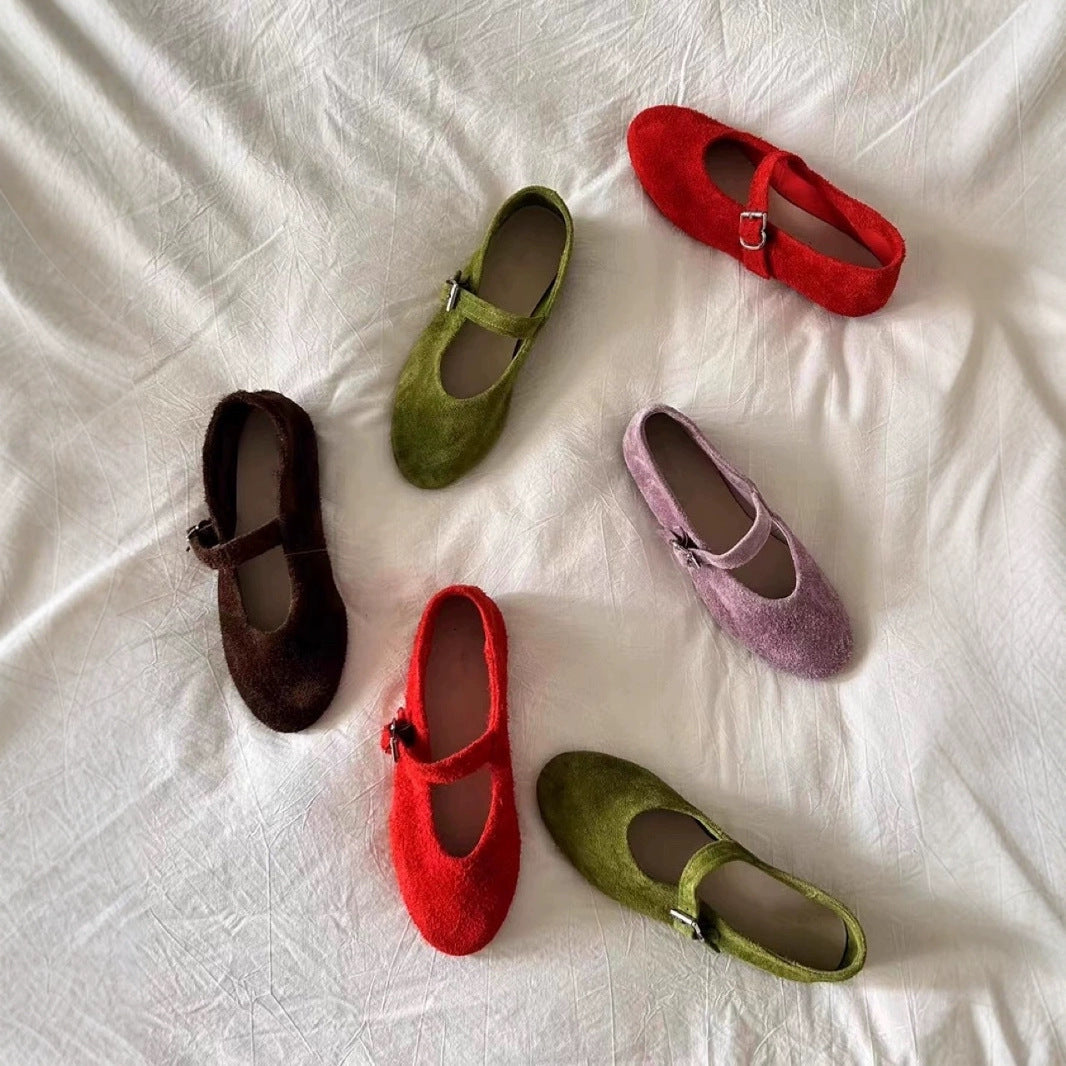 Women's Jane Ballet Flat Bottom Retro Buckle Brushed Feeling Slippers