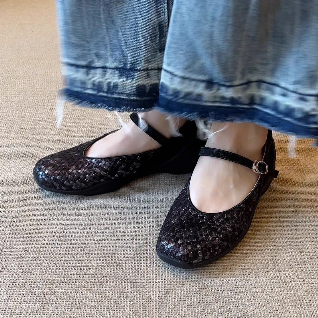 Round Head Woven Shallow Mouth With Sports Style Thick Bottom Women's Casual Shoes