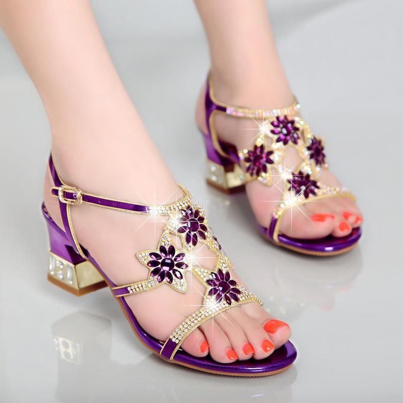 Women's Rhinestone Summer Bohemian Fashion Crystal Chunky High Heeled Sandals