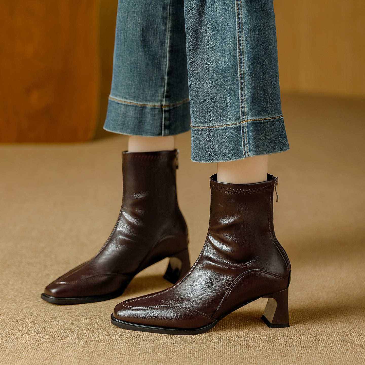Women's Square Toe Booties Chunky Back Zip Soft Artistic Retro Style Women's Leather Boots