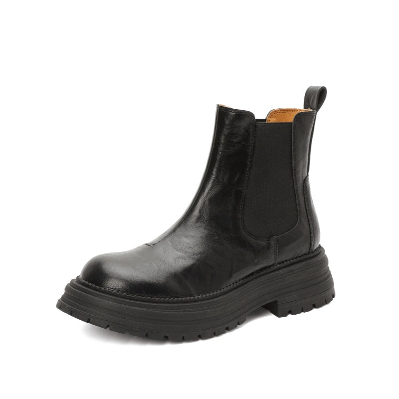 Women's Round Head Chunky Platform Smoke Pipe Chelsea Women's Leather Boots