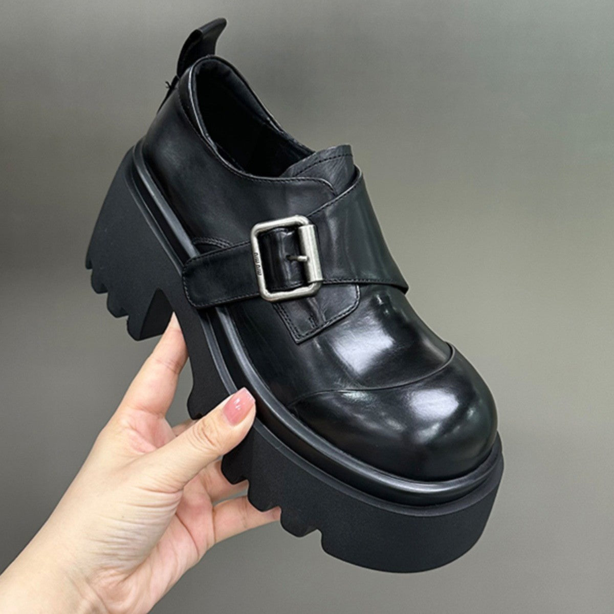 Women's Muffin Platform Black Chunky European Goods Leather Shoes