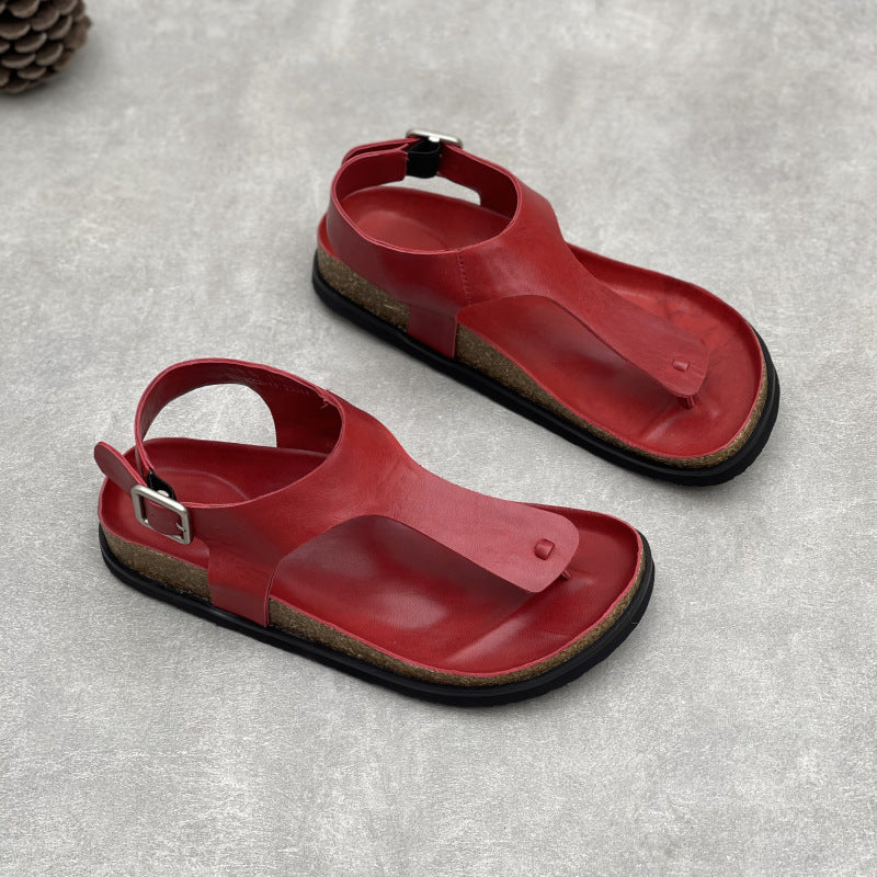 Women's Handmade Genuine Herringbone Toe Covering Solid Color Square Buckle Simple Flat Sandals