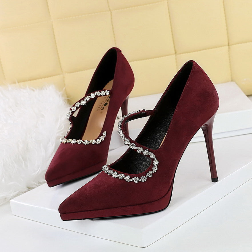 Stiletto Low-cut Suede Waterproof Platform Rhinestone Heels