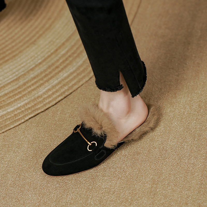 Women's Fluffy Sheep Split Rabbit Fur Winter Outer Wear Closed Toe Flat Slippers