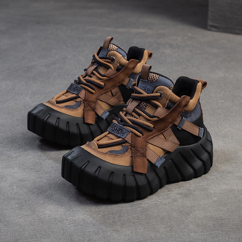 Women's Winter Color Matching Platform Fashion Clunky Women's Leather Boots